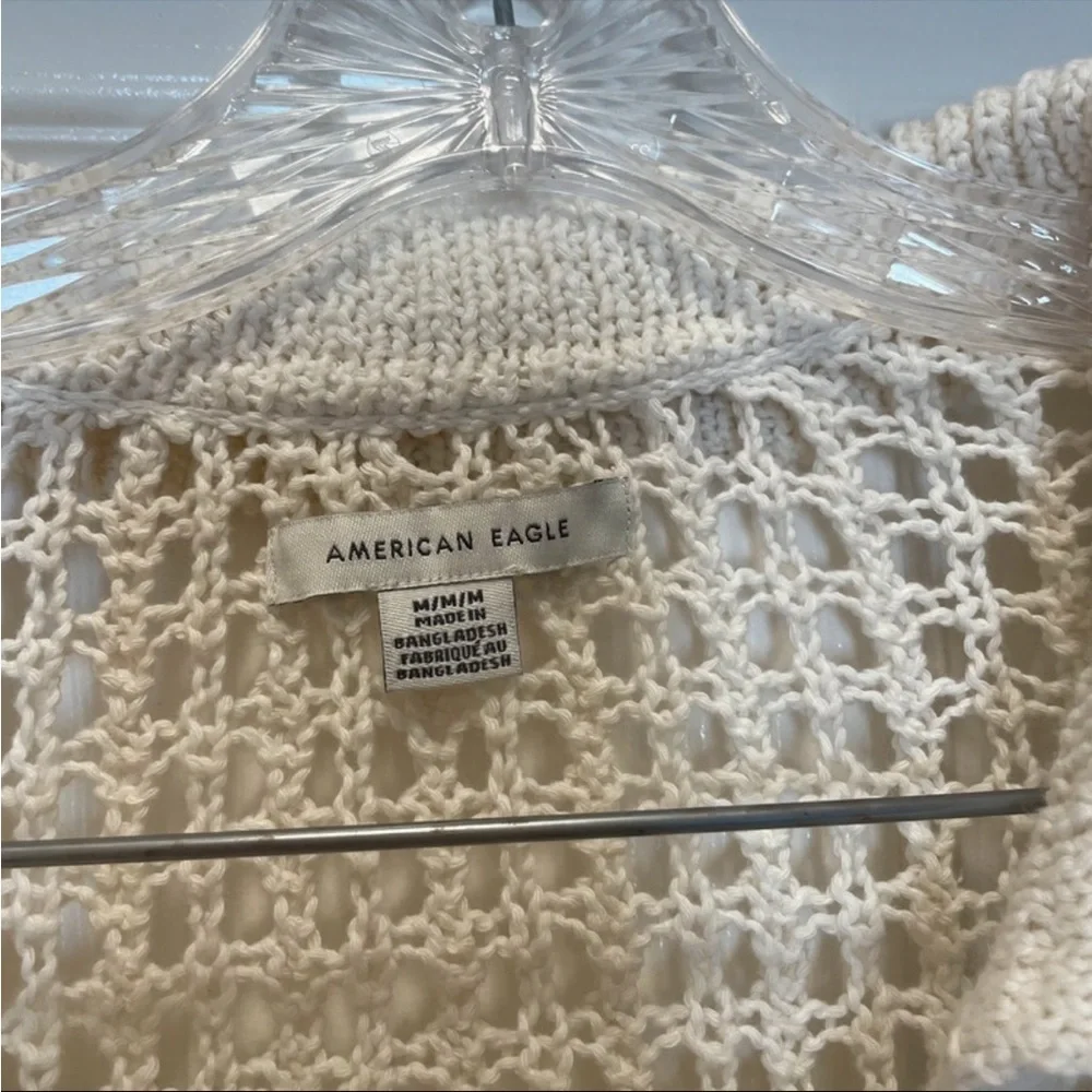 American Eagle Crochet Loose Knit Polo Sweater Cream Tassels Modern Flare Size M